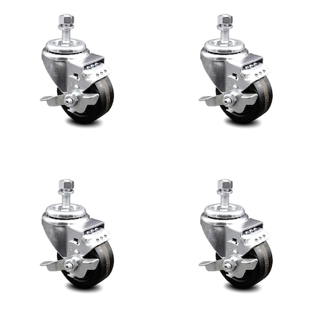 Service Caster 3 Inch Phenolic Wheel Swivel 1/2 Inch Threaded Stem Caster Set with Brake SCC SCC-TS20S314-PHS-TLB-121315-4